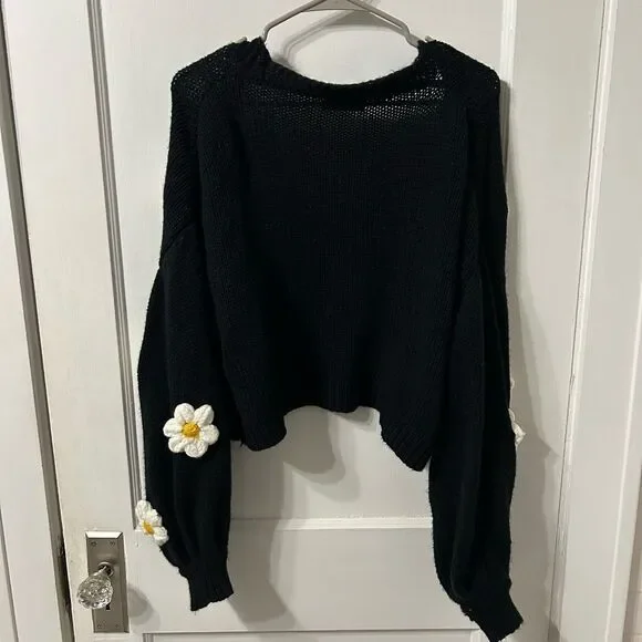 Black Cardigan with Daisy Accents - Picture 6 of 7